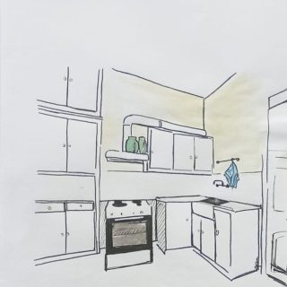 Another sketch by Rossina showing our kitchen at Tales in Tiles 2 apartment.

It was a strategic decision, at the time of renovation, to preserve the kitchen as it, originally, was.

Ok, no question about the marble sink. We would have kept it, anyway. But we also kept the cupboards.

The carpenter did a lot of work with the cupboards and so did the painter. We then changed the knobs. And then, I deliberately chose the white, old-fashioned, electric range and fridge, to fit the whole concept.

The result, in my mind, is a tribute to the 50’s style kitchens, when this flat was originally built; it also reminds me of my grandmas’ kitchen, where all those delicious dishes of my childhood were cooked.

I don’t rule out the possibility of a total refurbishment in the years to come, however, in the meantime, our guests - from professional chefs, to amateur cooks or fathers enjoying some holiday cooking for the family - they have all fully embraced it.

Stavroula ❤xxx

@Boudourirossina